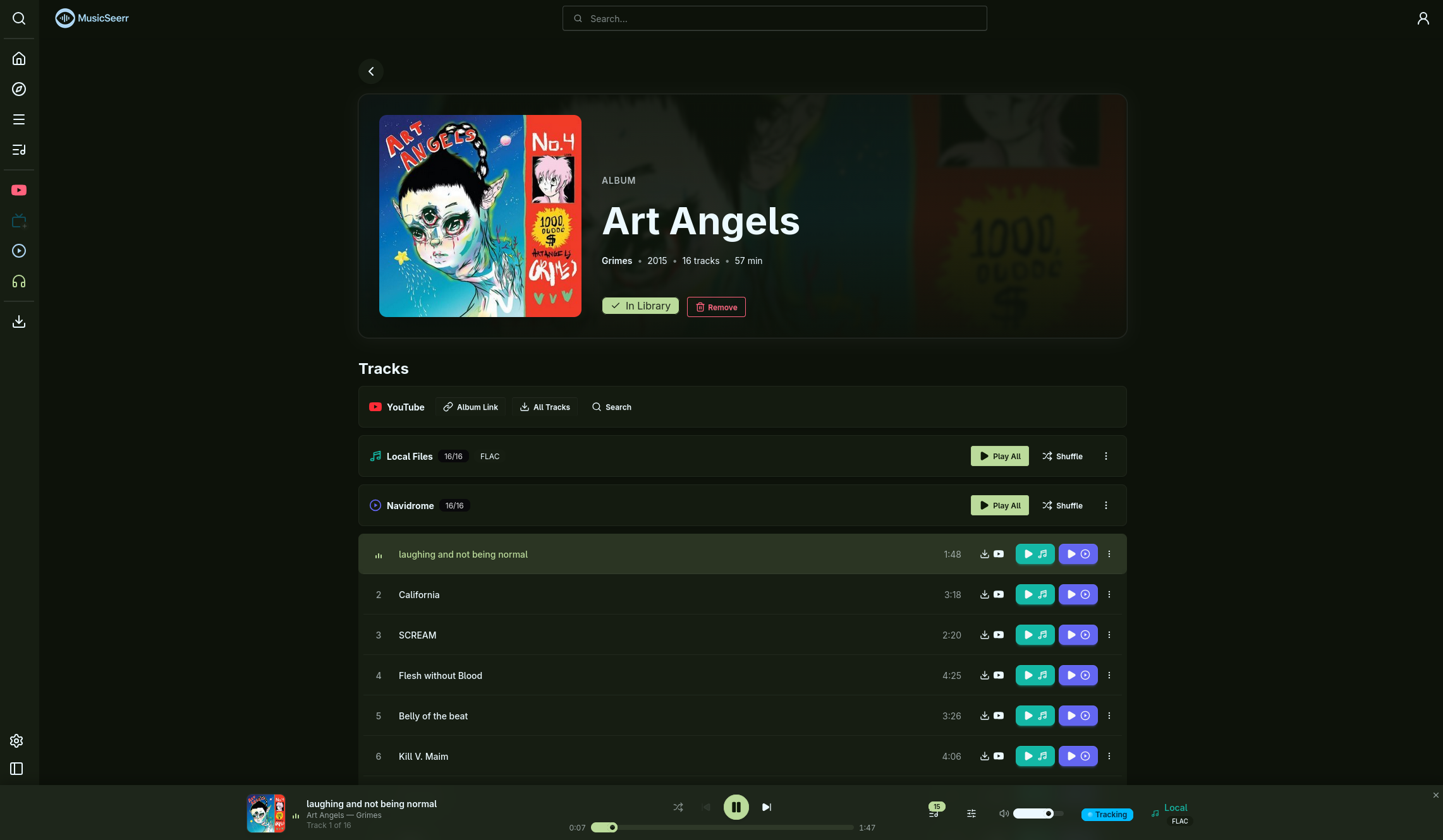 Album detail page with tracklist, playback controls, and request button