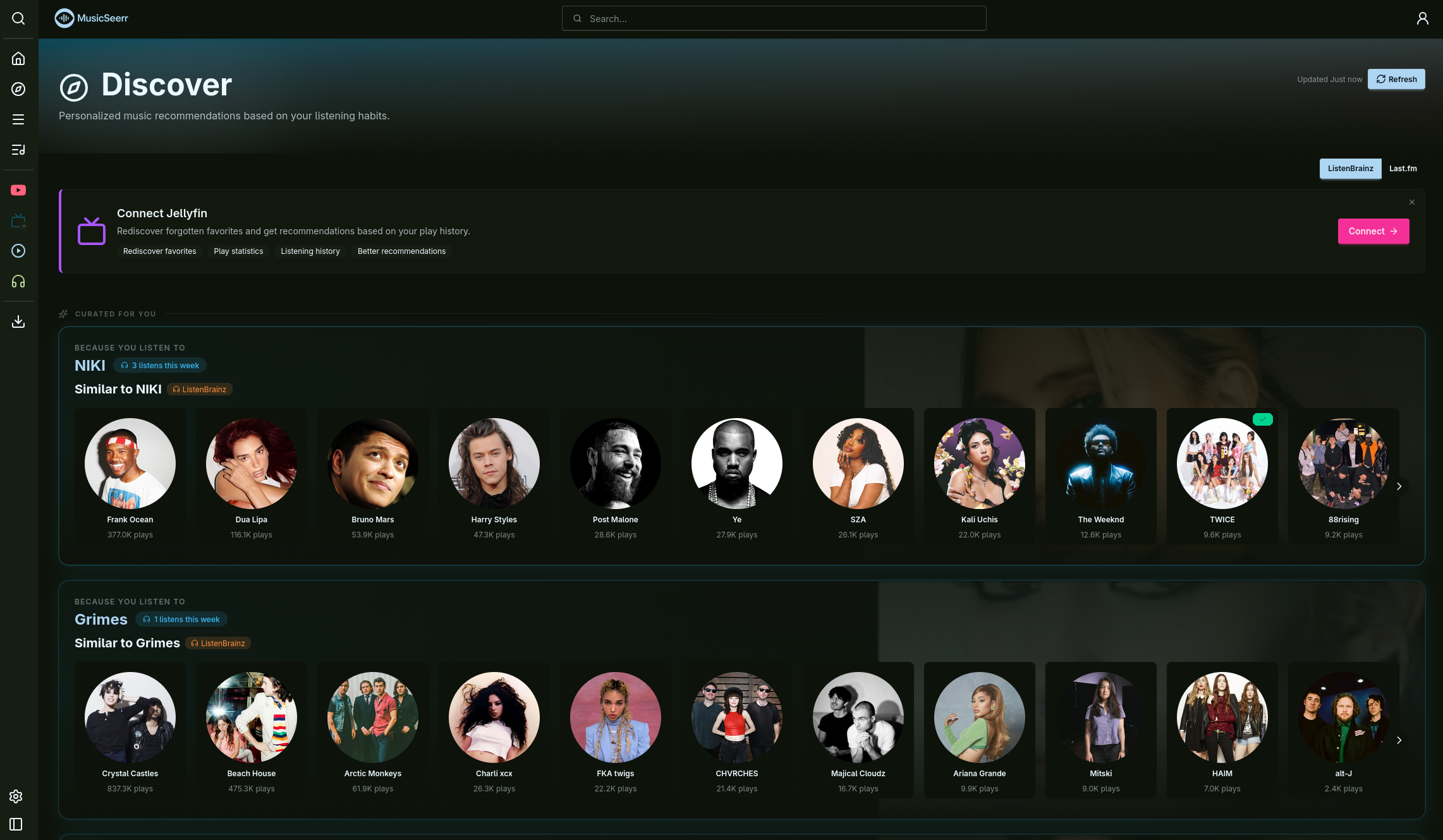 Discover page with personalized album recommendations
