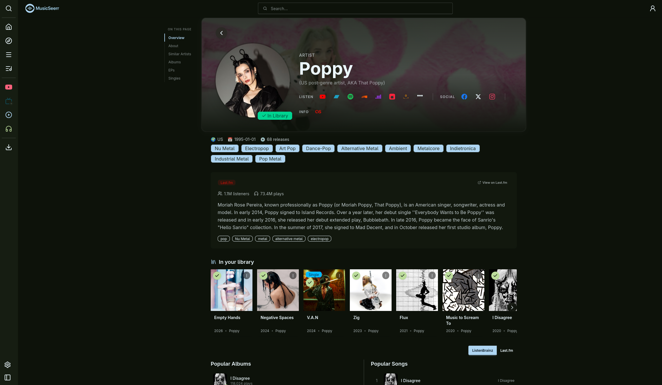 Artist detail page with biography, discography, and similar artists