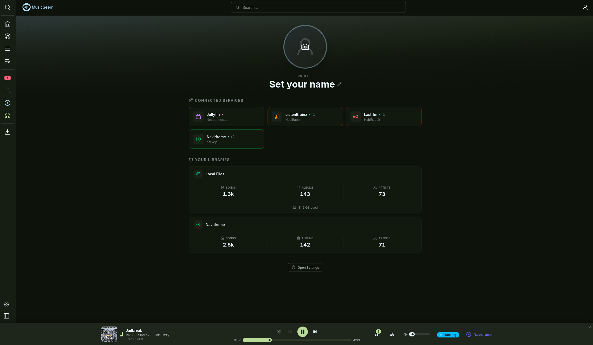 User profile with connected services and library stats